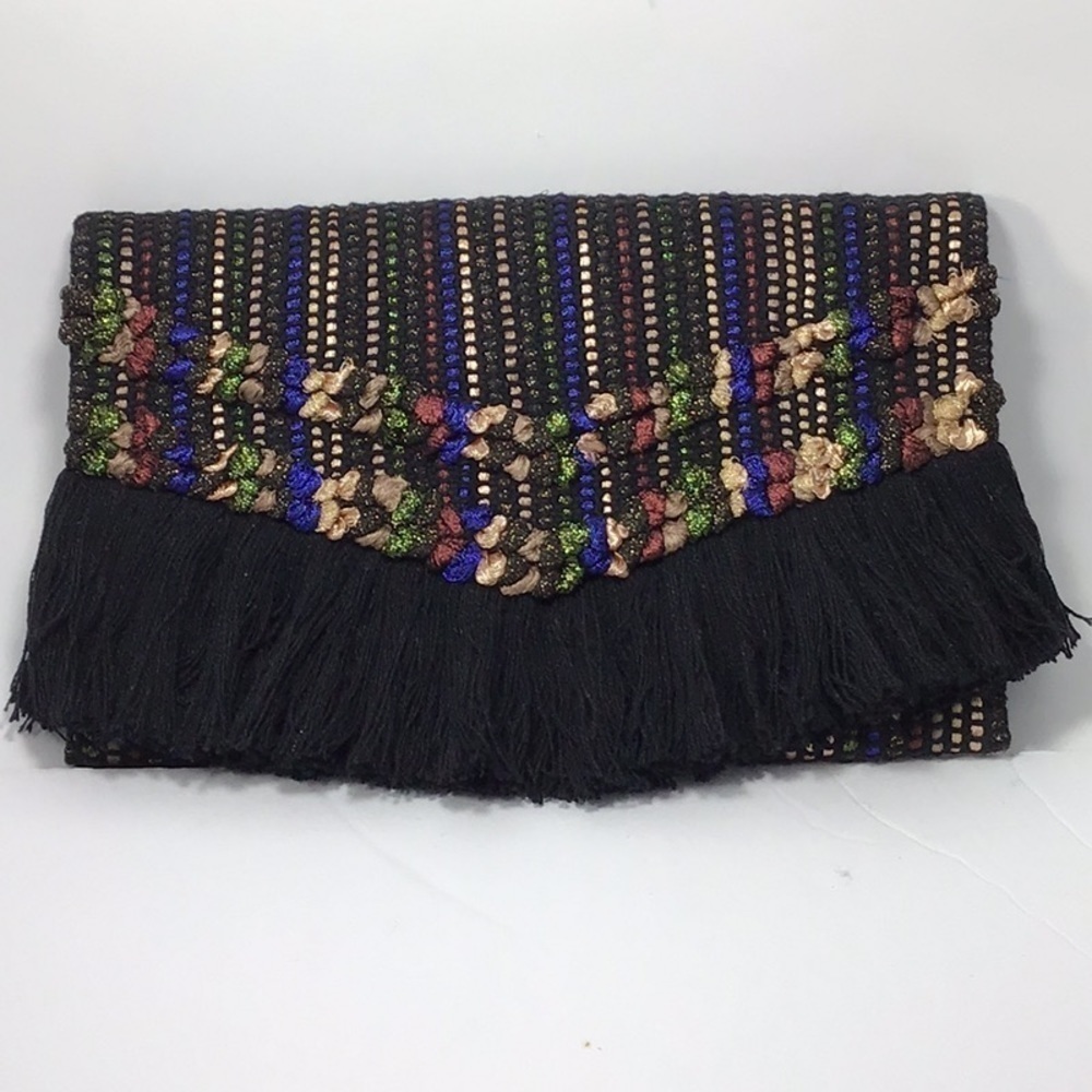 Stella & Dot Taj Black/Metallic Multicolored Woven Clutch.